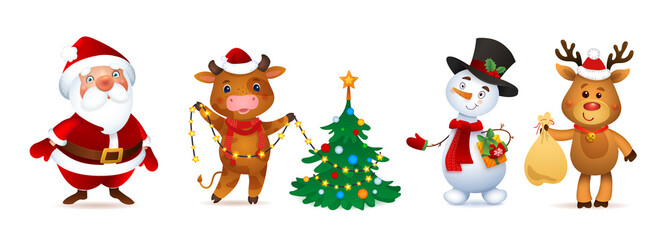Merry Christmas Vector Character Set. Santa Claus, Snowman, Deer and Ox. Cute Funny Macots