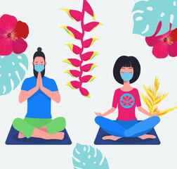 Couple doing yoga with face mask on sitting in padmasana lotus pose.