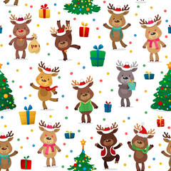 Santa s Reindeer Seamless Pattern. Vector illustrations of reindeers and trees isolated on white background