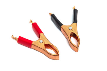 Copper crocodile clip black and red for wires on white background