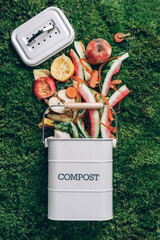 Trash bin for composting with leftover from kitchen on green grass, moss background. Top view....