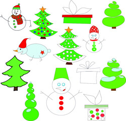 snowmen, trees and gifts painted on white canvas