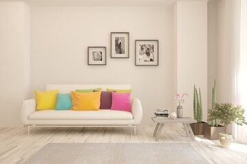 White living room with sofa. Scandinavian interior design. 3D illustration