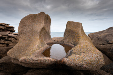 Interesting rock formation on Pink Granite Coast in northern Brittany