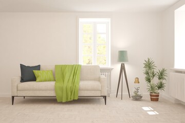 White living room with sofa. Scandinavian interior design. 3D illustration