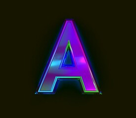 Colorful dichroic film alphabet - letter A isolated on grey, 3D illustration of symbols