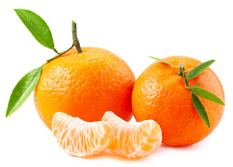 Tangerines or clementines with green leaf on white