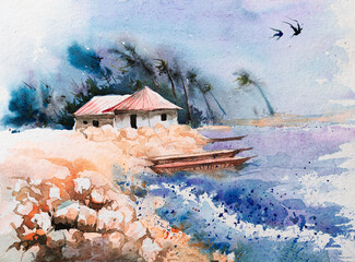 Watercolour image of a strom in a sea shore. Water waves thrashing on sand , a distant home and coconut trees are in background.