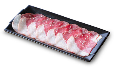 fresh raw pork belly beef sliced on square plate isolated on white background, shabu, hot pot ingredients