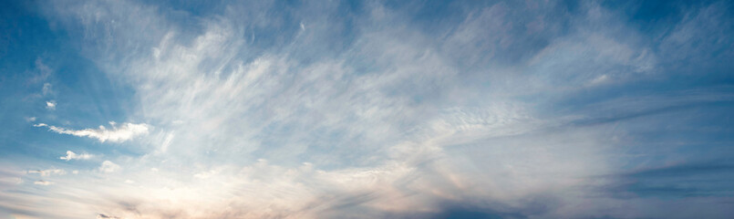 Sky panorama, dramatic twilight sky background. Banner. Sunset, sunrise light. Copy space