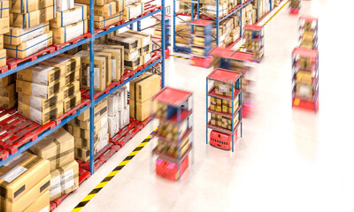 warehouse with goods in boxes and automated means that move the boxes.