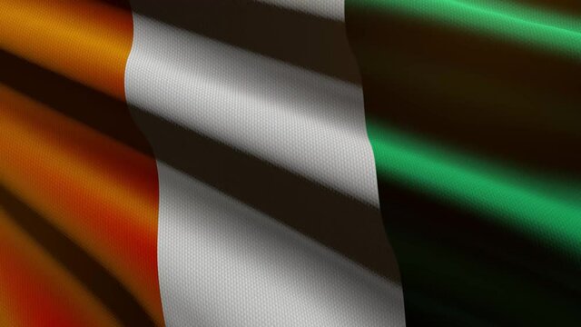 60FPS dark Cote d Ivoire flag  with fabric texture waving - background, UHD 4k 3d seamless looping animation