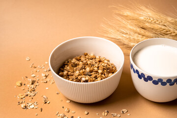 A bowl of cereal and a glass of milk. Top view, healthy Breakfast concept