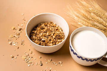 A bowl of cereal and a glass of milk. Top view, healthy Breakfast concept