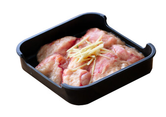 fresh raw spawn sliced on square plate isolated on white background, shabu, hot pot ingredients