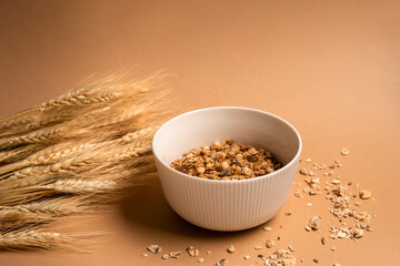 A bowl of cereal and a glass of milk. Top view, healthy Breakfast concept