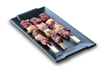 fresh raw meat pork beef sliced on square plate isolated on white background, shabu, hot pot ingredients