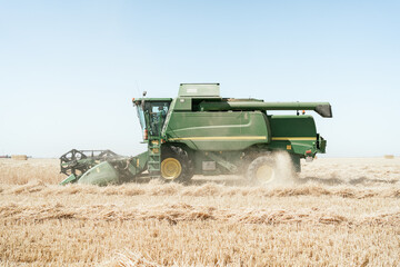 Heavy combine machine collecting wheat in dry field in countryside in harvest season