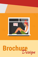 Young girl sitting on window with tablet. Message, mail, teenager flat vector illustration. Communication and digital technology concept for banner, website design or landing web page