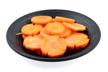 fresh raw carrots sliced on square plate isolated on white background, shabu, hot pot ingredients