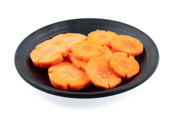 fresh raw carrots sliced on square plate isolated on white background, shabu, hot pot ingredients