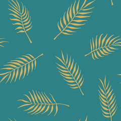 Gold tropical leaves on a green background. Palm leaves. Vector seamless pattern.