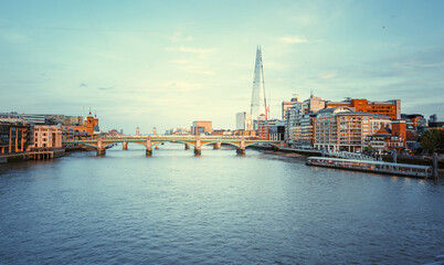 sunset over the London skyline, view from Millenium Bridge, UK