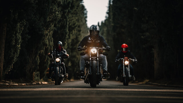 Group of bikers in black leather jackets and helmets riding powerful motorcycles on asphalt road leading between green forest in countryside