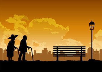 silhouette design of two old couple walk in the pak ,vector illustration