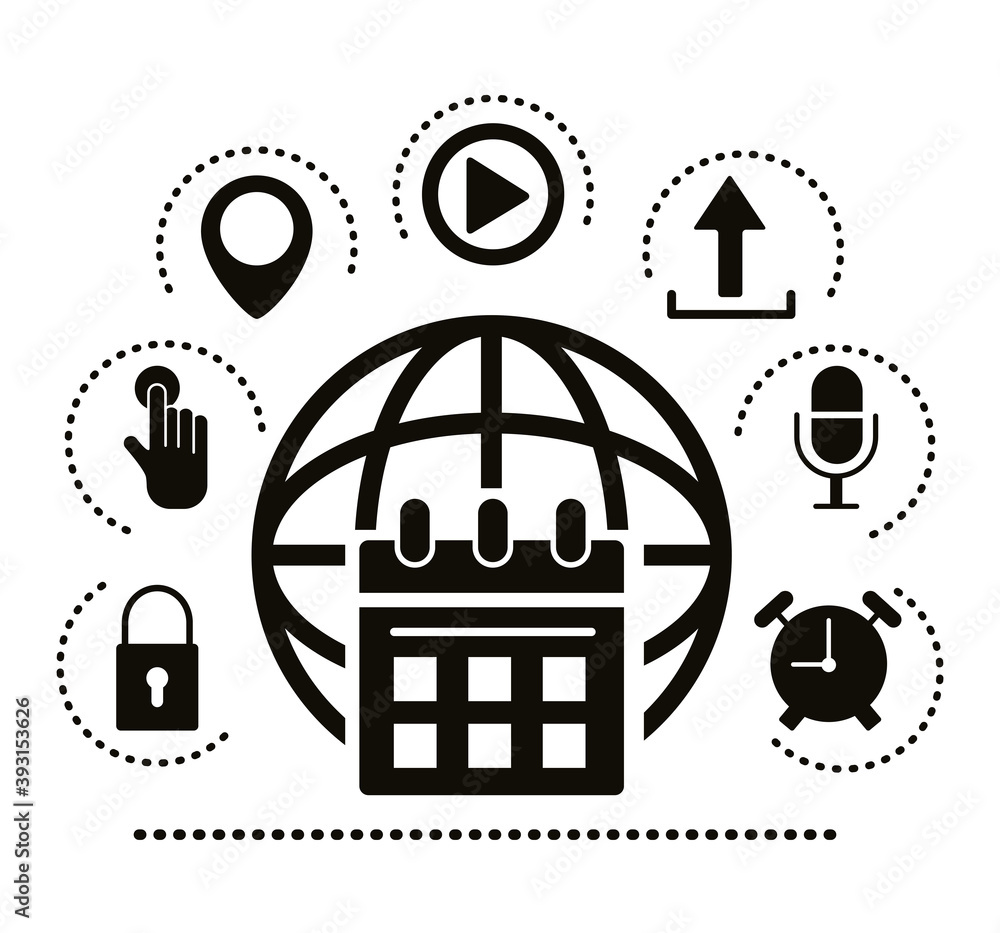 Poster sphere browser with interface set silhouette style icons