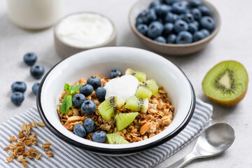 Granola with fruits and yogurt. Bowl of crunchy oat granola with blueberries, kiwi and greek yogurt