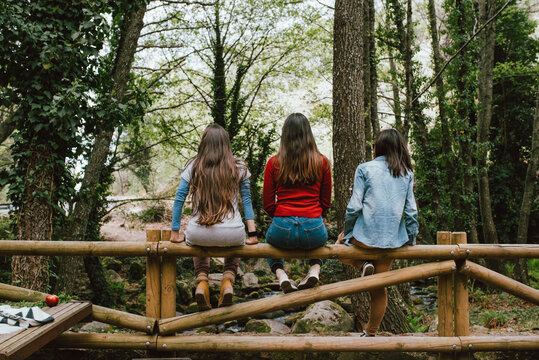 Back view of company of unrecognizable female friends sitting on wooden fence in forest and enjoying nature during summer vacation in Valle del Jerte