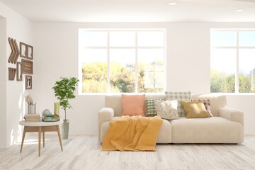Stylish room in white color with sofa and autumn landscape in window. Scandinavian interior design. 3D illustration