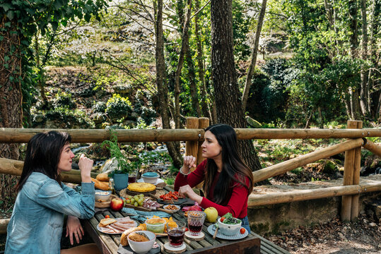 Side view of friendly women sitting at table in woods and enjoying delicious food during picnic in Valle del Jerte while talking and looking at each other