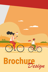 Mom and son riding bikes along seacoast. Woman checking route on mobile app flat vector illustration. Family outdoor activity, navigation concept for banner, website design or landing web page