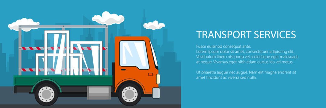 Banner of lorry, small truck transports windows, transportation and cargo delivery services, logistics, shipping and freight of goods, vector illustration