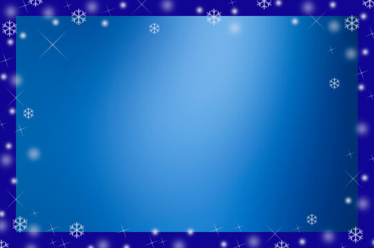Christmas background with a blue frame on a light blue background with white snowflakes and stars