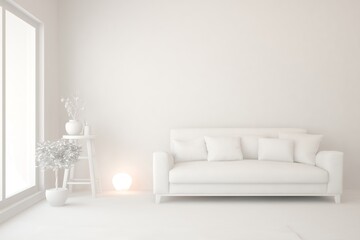 White minimalist living room with sofa. Scandinavian interior design. 3D illustration