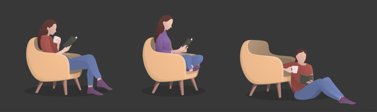 Woman reading book in chair flat style vector collection 
