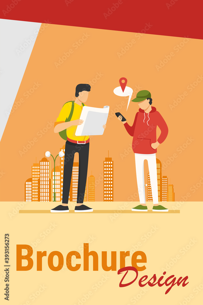 Poster people using paper map and location app on mobile phone. tourists finding way in city flat vector il