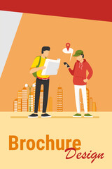 People using paper map and location app on mobile phone. Tourists finding way in city flat vector illustration. Navigation, travel concept for banner, website design or landing web page