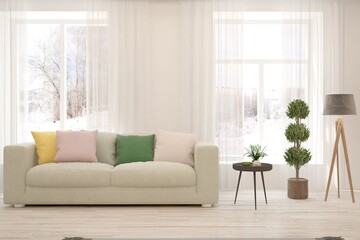 White living room with sofa and winter landscape in window. Scandinavian interior design. 3D illustration