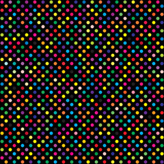Colorful polka dot pattern on black background, vector illustration design