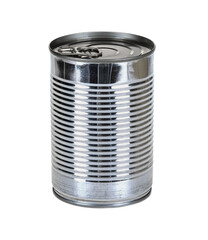 Closed cylindrical metallic tin can for preserved food isolated on a white background