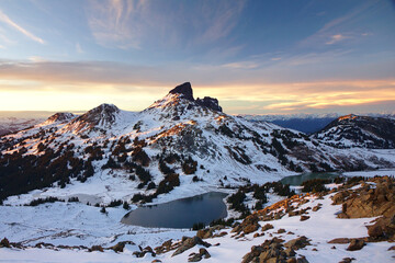 View of snow covered Black Tusk mountain from the Panorama Ridge, Garibaldi Lake, Whistler, British Columbia, Canada
