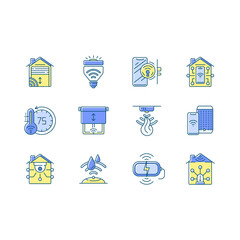 Smart house RGB color icons set. Innovatonal window blinds sensor. Remote controlled light bulbs. Garage door opener mechanism. Isolated vector illustrations