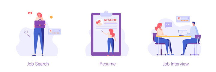 Woman with briefcase is looking for a job, applicant fills out resume, employer is interviewing. Set of job search, resume, job interview. Vector illustration in flat design