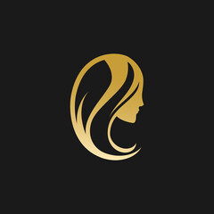 Golden woman silhouette logotype. Female face in profile. Vector logo isolated on black.