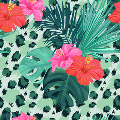 Tropical pattern with palm leaves and hibiscus. Jungle summer plant. Abstract leopard background. Vector floral illustration © natikka