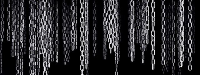Dark room with many chains hanging.